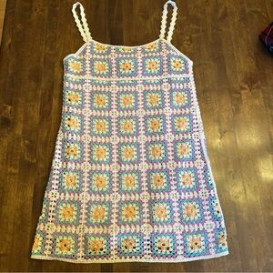 Zara Crochet Granny Square Mini Dress Size Small Multicolor Boho Y2K Beach Knit